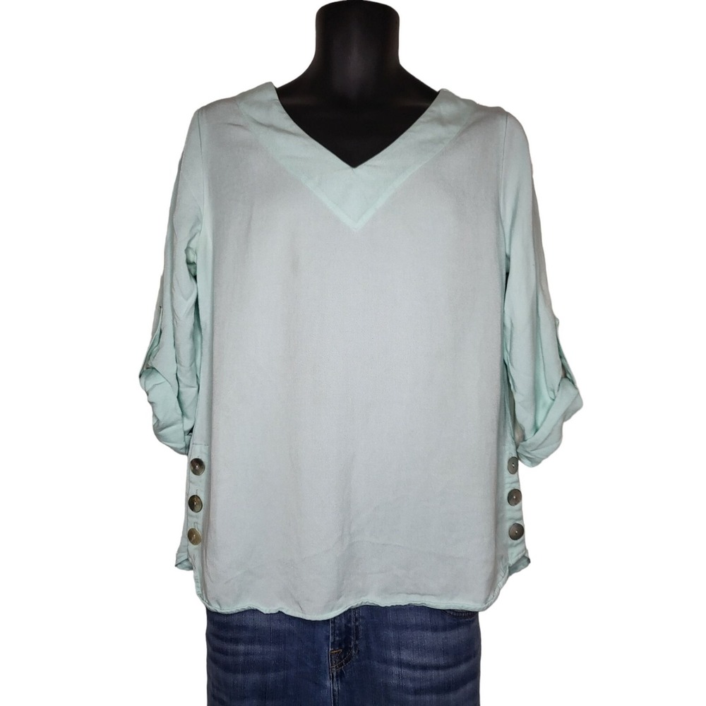 Soft Surroundings V Neck Tunic Blouse Womens M Blue Boho Knit Long Sleeve Top US